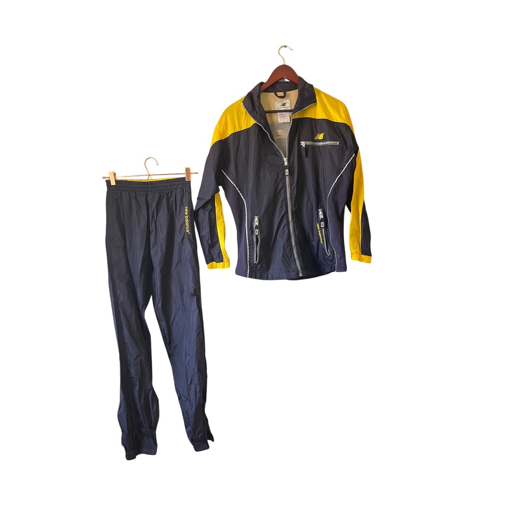 New Balance Vintage Track Suit Navy Yellow Windbreaker Pants Set Small
